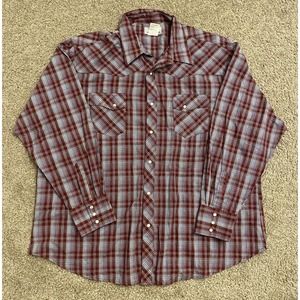 Vintage Wrangler Western Wrancher Shirt Pearl Snap Plaid Red Aztec XXL